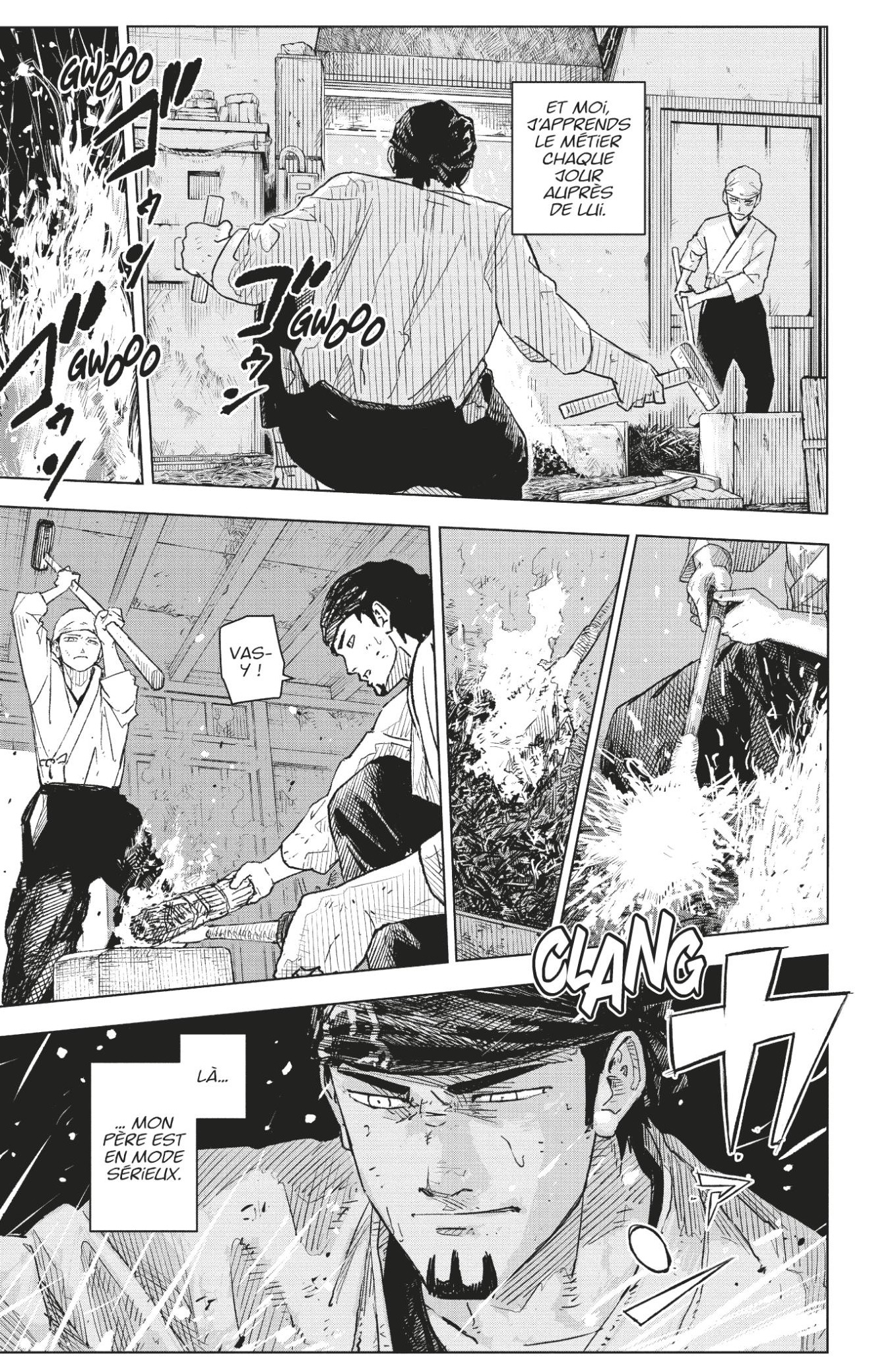 Planche de l’extrait officiel français montrant Chihiro et son père à la forge, page 14